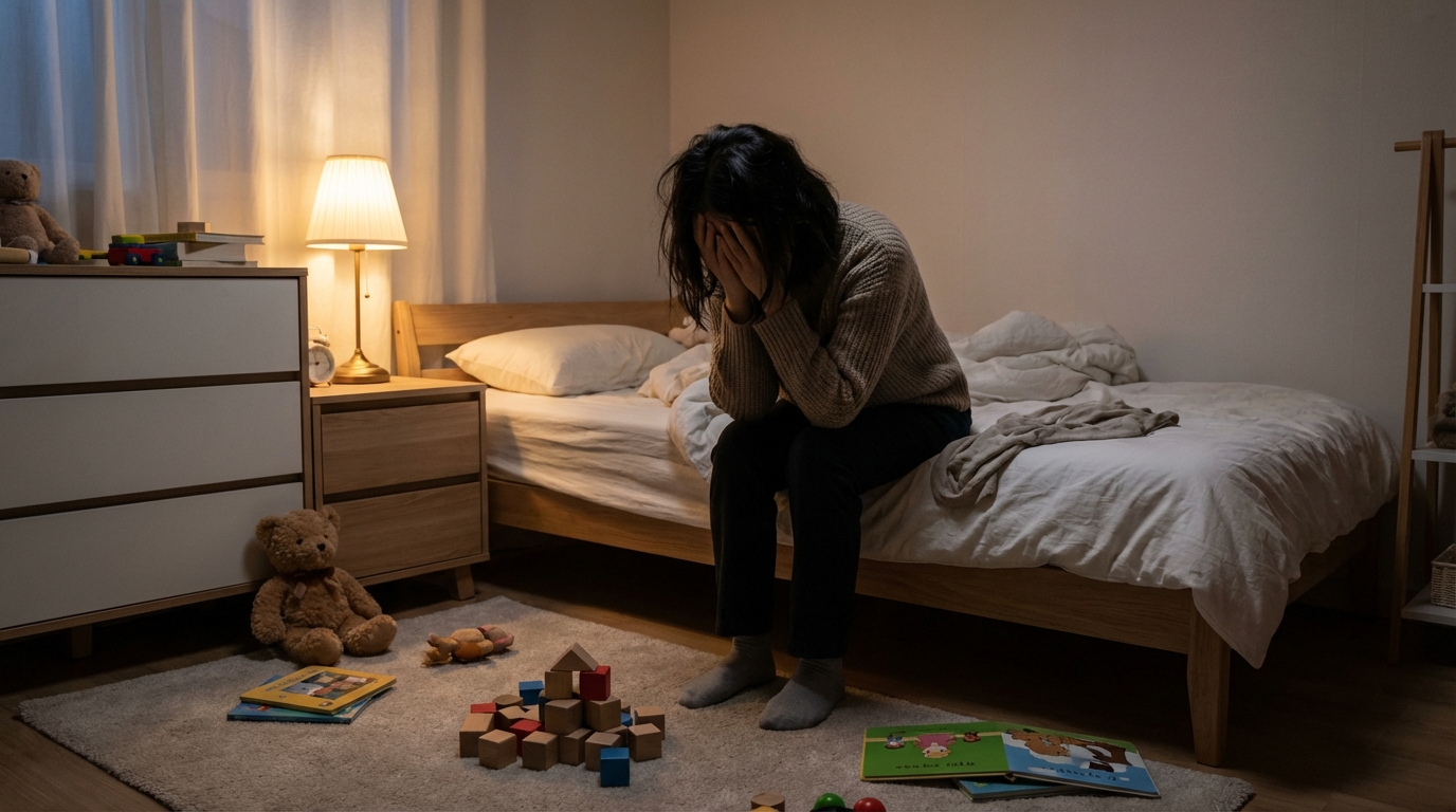 지친 표정으로 앉아있는 엄마