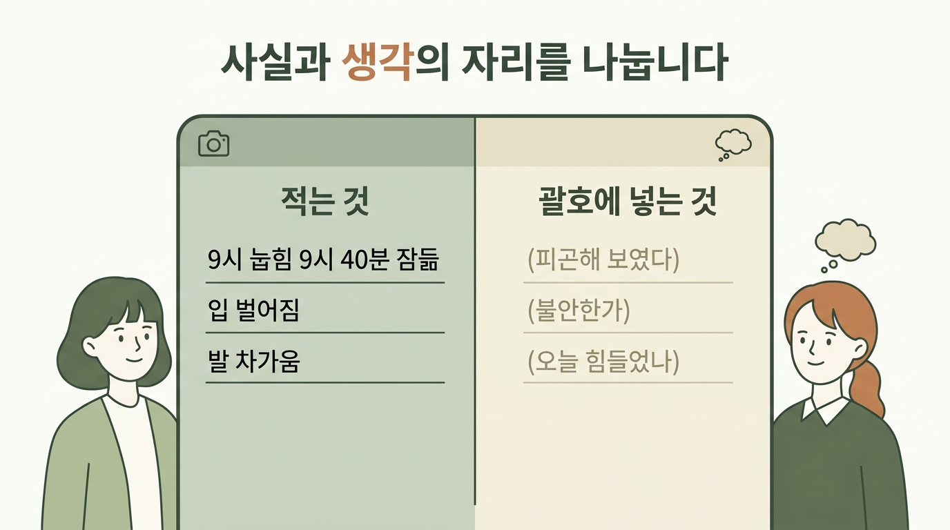관찰 단계에서 적는 사실 문장과 적지 않는 결론 문장을 좌우 두 칸으로 나눠 비교한 일러스트 인포그래픽