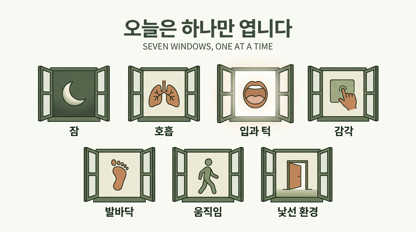 잠 호흡 입과 턱 감각 발바닥 움직임 낯선 환경 일곱 개의 창을 창문 모양 아이콘 일곱 개로 배열한 교육용 인포그래픽