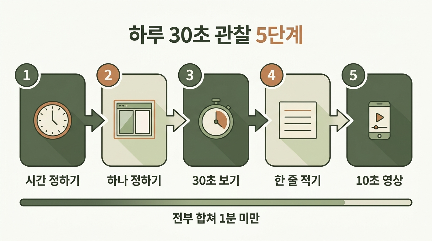 시간 정하기 하나 정하기 삼십초 보기 한 줄 적기 십초 영상 남기기까지 하루 30초 관찰 5단계를 번호 화살표로 연결한 플로우 인포그래픽