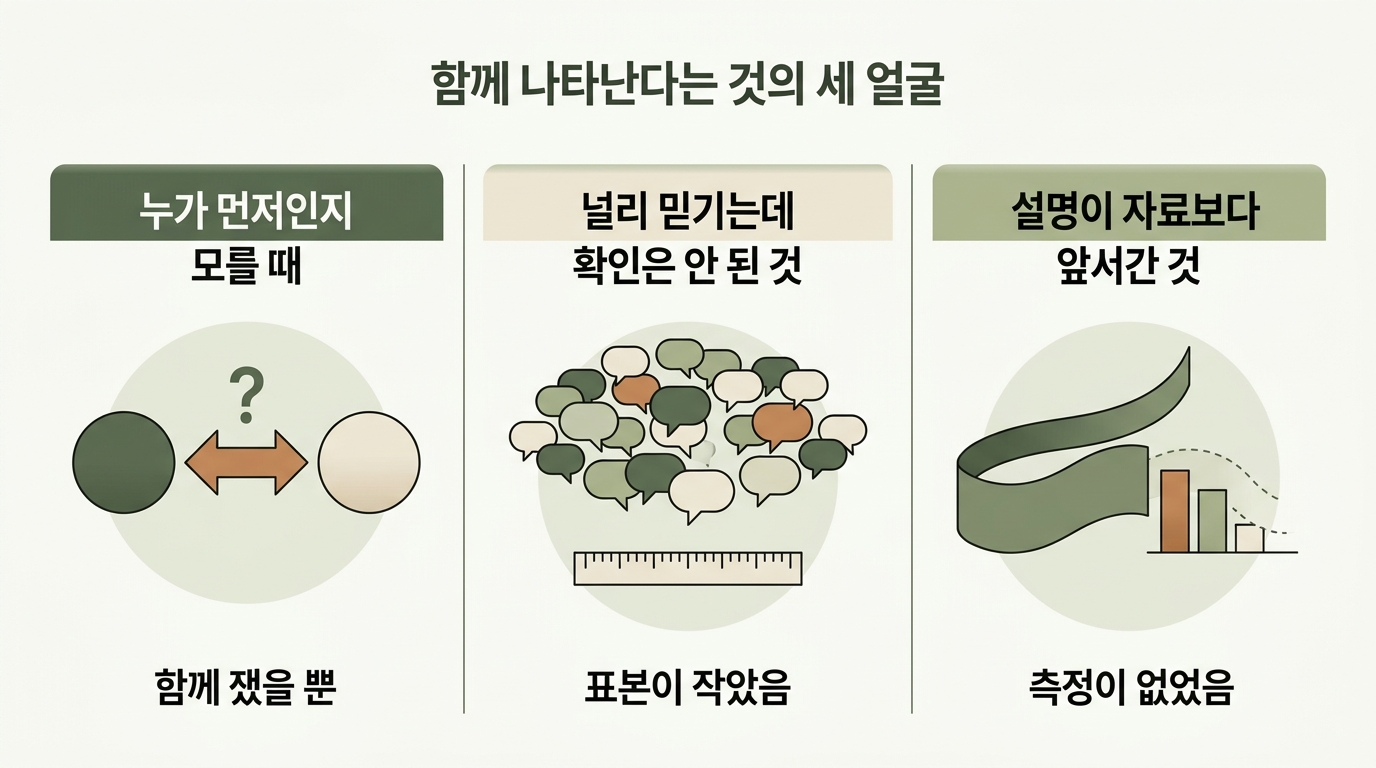 함께 나타난다는 것의 세 가지 얼굴인 순서를 모를 때 확인되지 않은 통설 설명이 앞서간 경우를 세 구역으로 나눈 교육용 인포그래픽