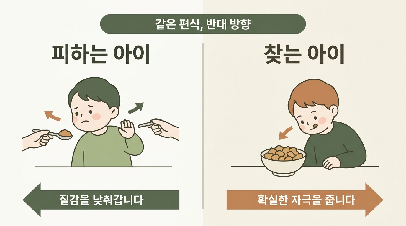 편식이라는 같은 이름 안에 질감을 피하는 아이와 강한 자극을 찾는 아이가 정반대로 들어 있음을 좌우로 비교한 일러스트 인포그래픽