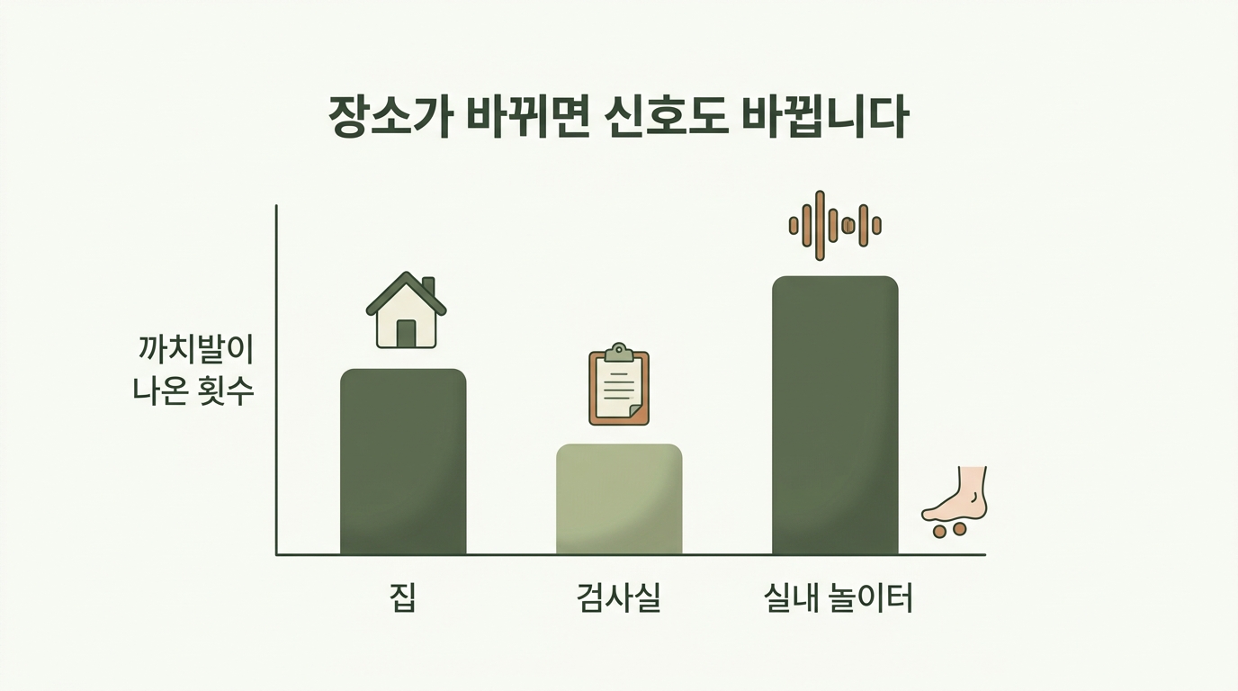 까치발이 나타난 장소를 집과 조용한 검사실 그리고 시끄러운 실내 놀이터로 나눠 빈도 차이를 비교한 사례 인포그래픽