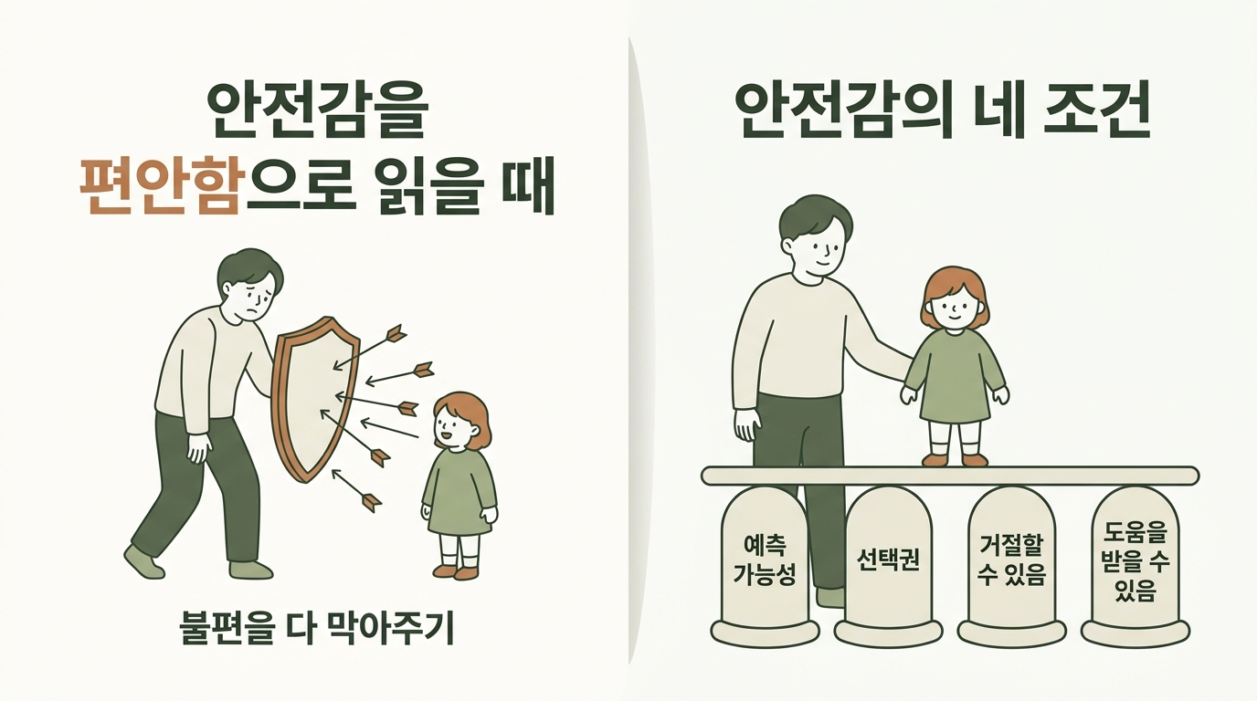 안전감을 편안함으로 읽을 때와 예측 가능성 선택권 거절 도움이라는 네 조건으로 읽을 때를 좌우로 비교한 인포그래픽