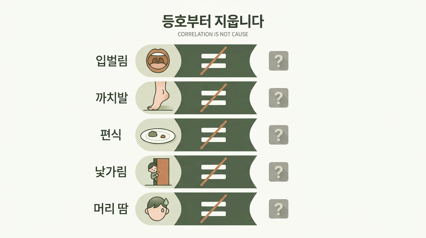 입벌림 까치발 편식 낯가림 머리땀 다섯 가지 신호에 붙는 등식이 왜 성립하지 않는지 물음표 다섯 개로 정리한 신경계 육아 인포그래픽