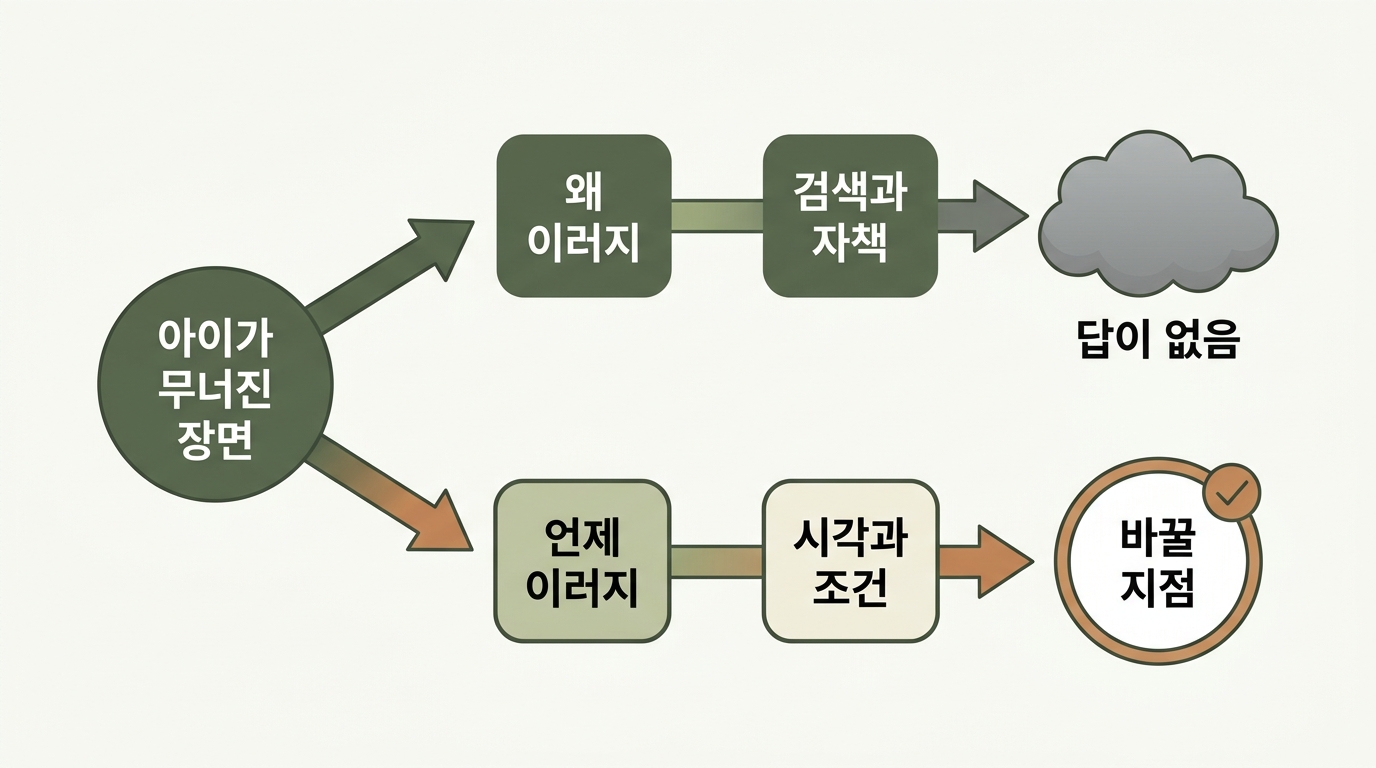 하나의 질문에서 자책과 검색으로 가는 갈래와 조건 발견으로 가는 갈래가 나뉘는 흐름을 화살표로 보여주는 교육용 인포그래픽