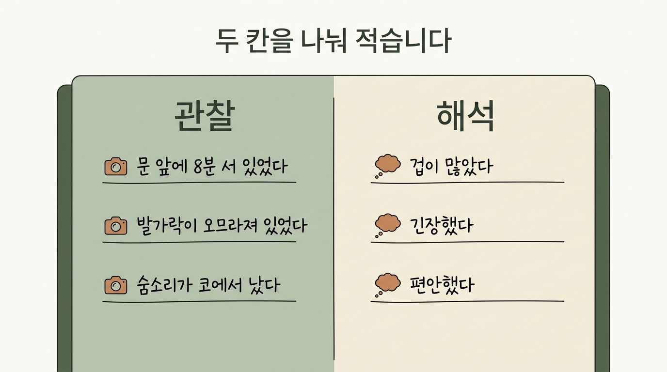 관찰 칸과 해석 칸을 좌우로 나눠 문 앞에 팔분 서 있었다와 겁이 많았다 같은 문장을 비교한 2패널 일러스트 인포그래픽