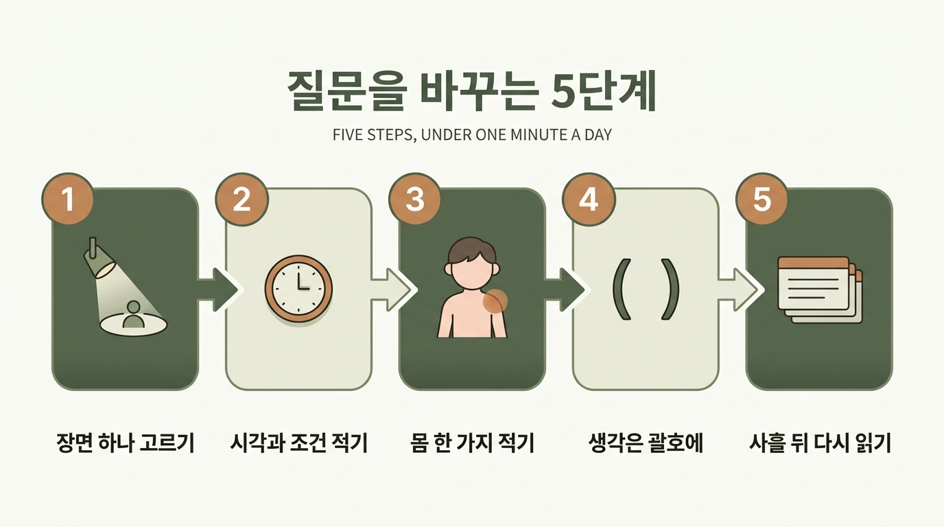 장면 고르기부터 조건 적기 몸 한 가지 적기 해석 괄호 넣기 사흘 뒤 다시 읽기까지 질문을 바꾸는 5단계를 번호 화살표로 연결한 플로우 인포그래픽