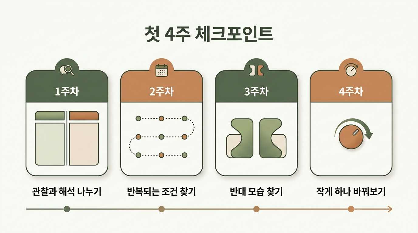 1주차 관찰과 해석 나누기부터 4주차 하나만 바꿔보기까지 첫 4주 체크포인트를 주차별 카드 네 개로 배열한 인포그래픽