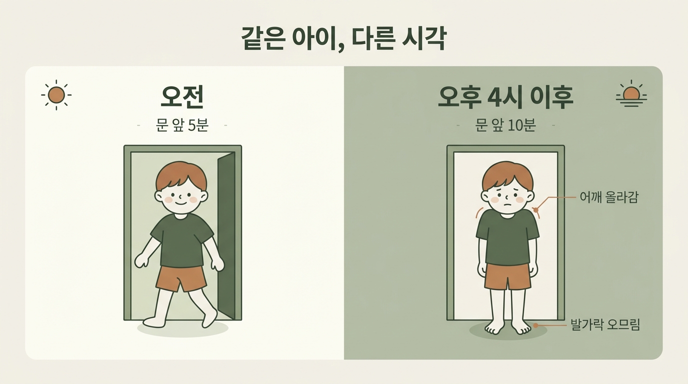 새로운 장소 방문을 오전과 오후로 나눠 문 앞에 머문 시간과 어깨 발가락 긴장 차이를 좌우로 비교한 사례 일러스트 인포그래픽