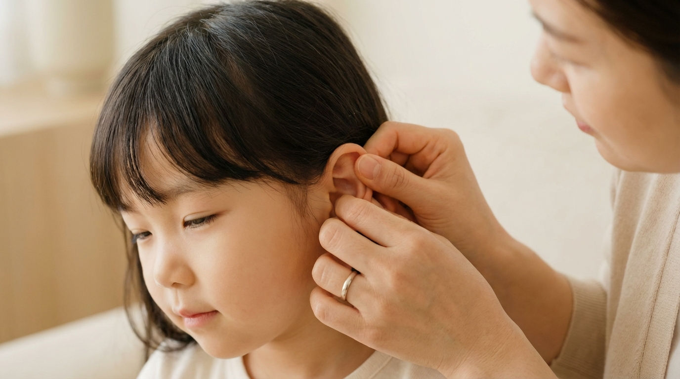 아이 귀를 부드럽게 마사지하는 엄마