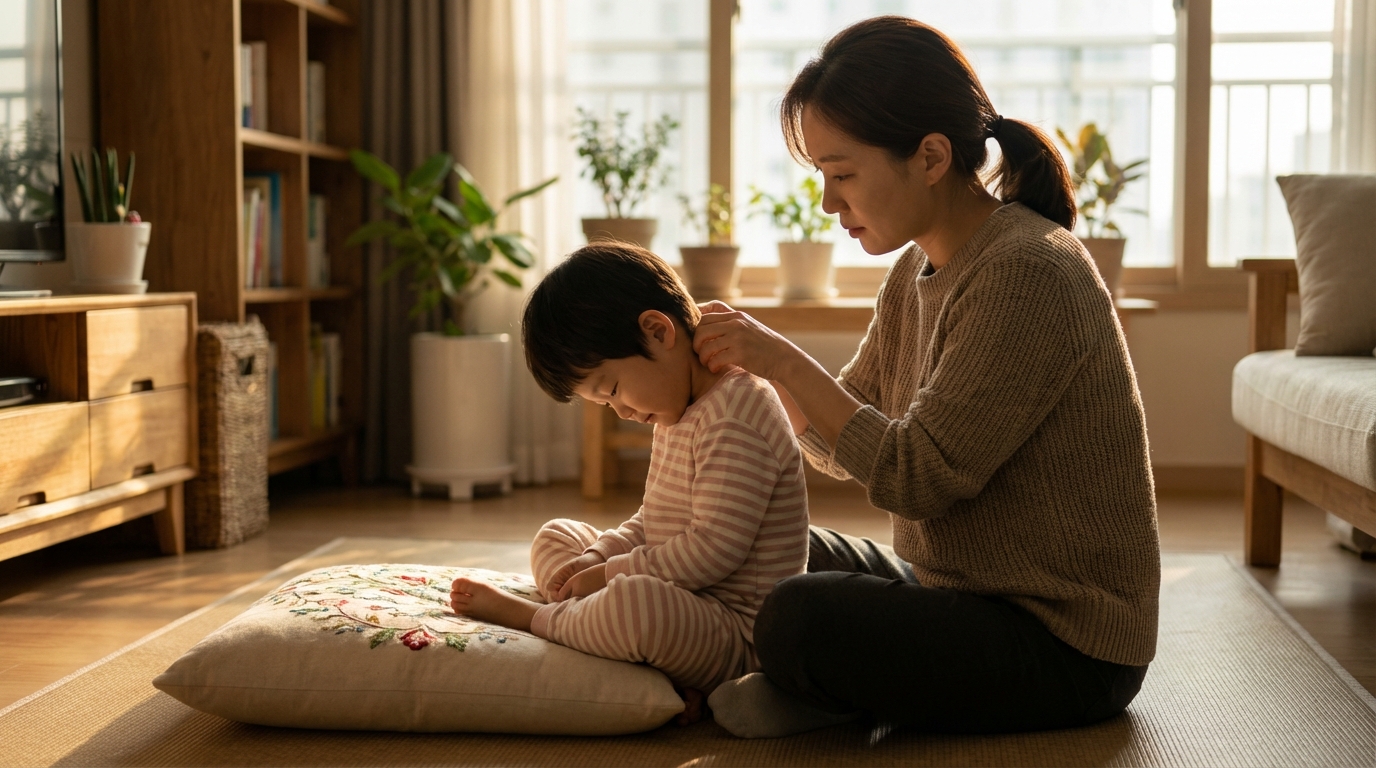 아이 목 뒤를 마사지하는 엄마