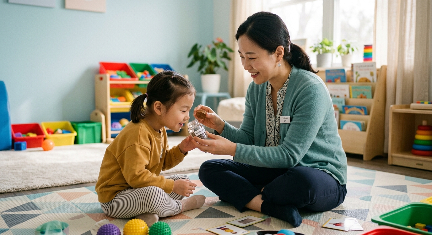 작업치료사와 후각 활동을 하는 한국인 아이