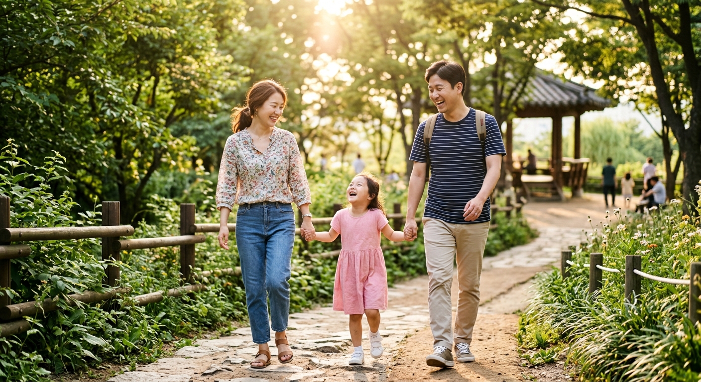 공원에서 행복하게 산책하는 한국인 가족
