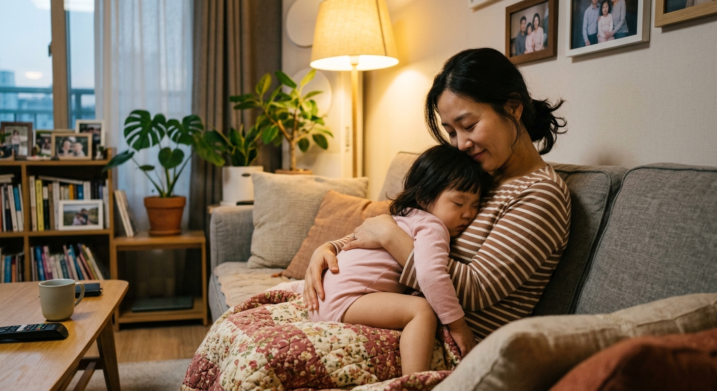 아이를 안고 안정을 주는 한국인 엄마