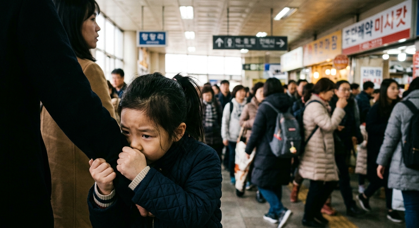 복잡한 환경에서 긴장한 한국인 아이