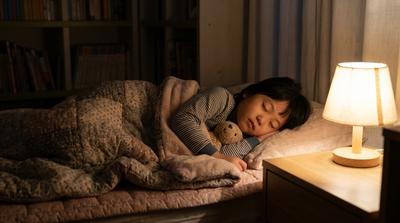 잠자리에서 평화롭게 호흡하는 한국인 아이