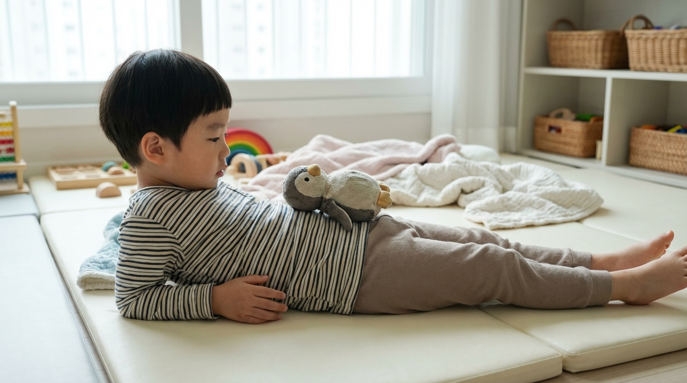 배 위에 인형을 올려놓고 호흡 연습하는 아이
