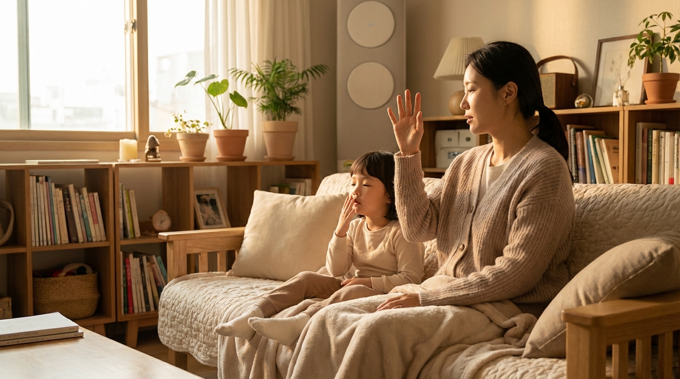 손가락으로 호흡 리듬을 세는 엄마와 아이