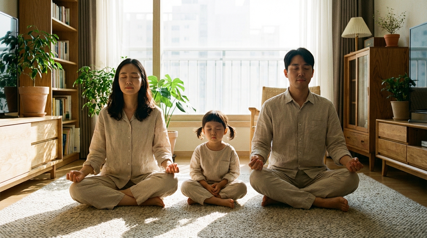 가족이 함께 호흡 운동을 하는 모습