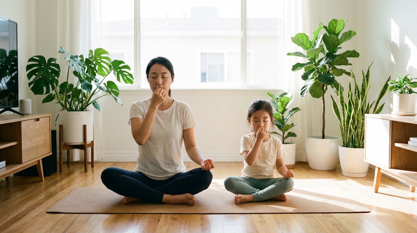 엄마와 함께 호흡 운동하는 한국인 아이