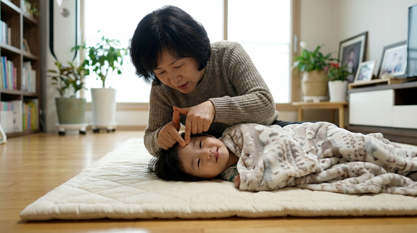 아이의 이마와 눈썹 부위를 마사지하는 엄마