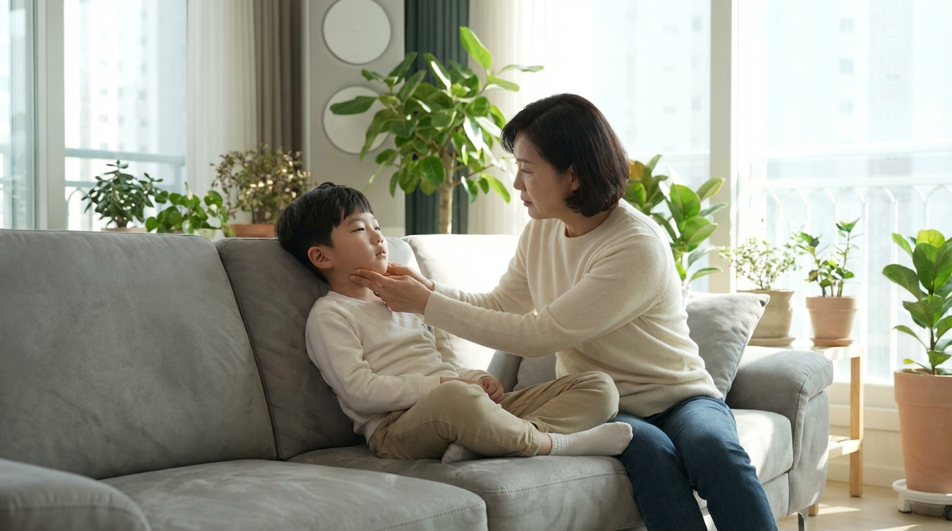 아이의 턱 아래를 마사지하는 한국인 엄마