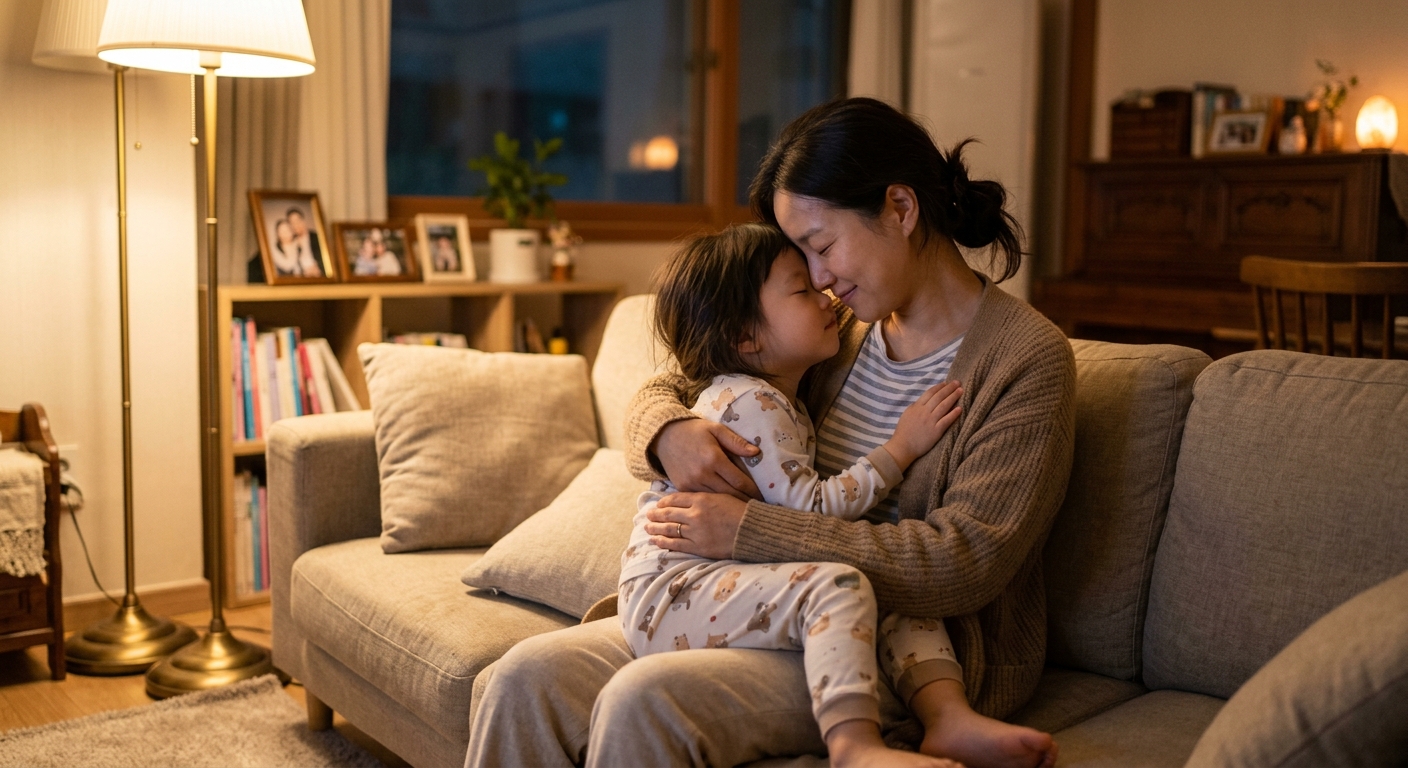 엄마 품에 안겨 안정을 찾은 한국인 아이