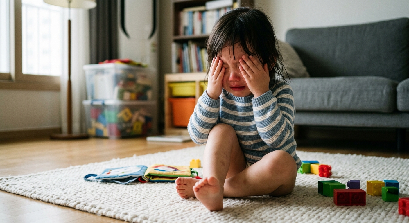 감정 폭발로 우는 한국인 아이의 모습