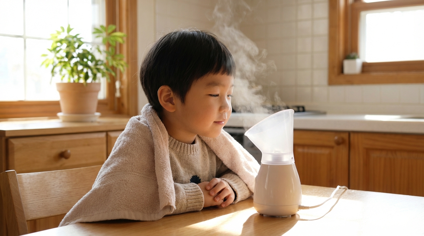 스팀을 쐬는 한국인 아이