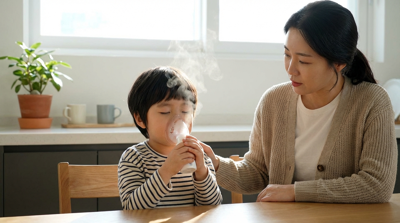스팀 인헤일러를 사용하는 한국인 아이와 엄마