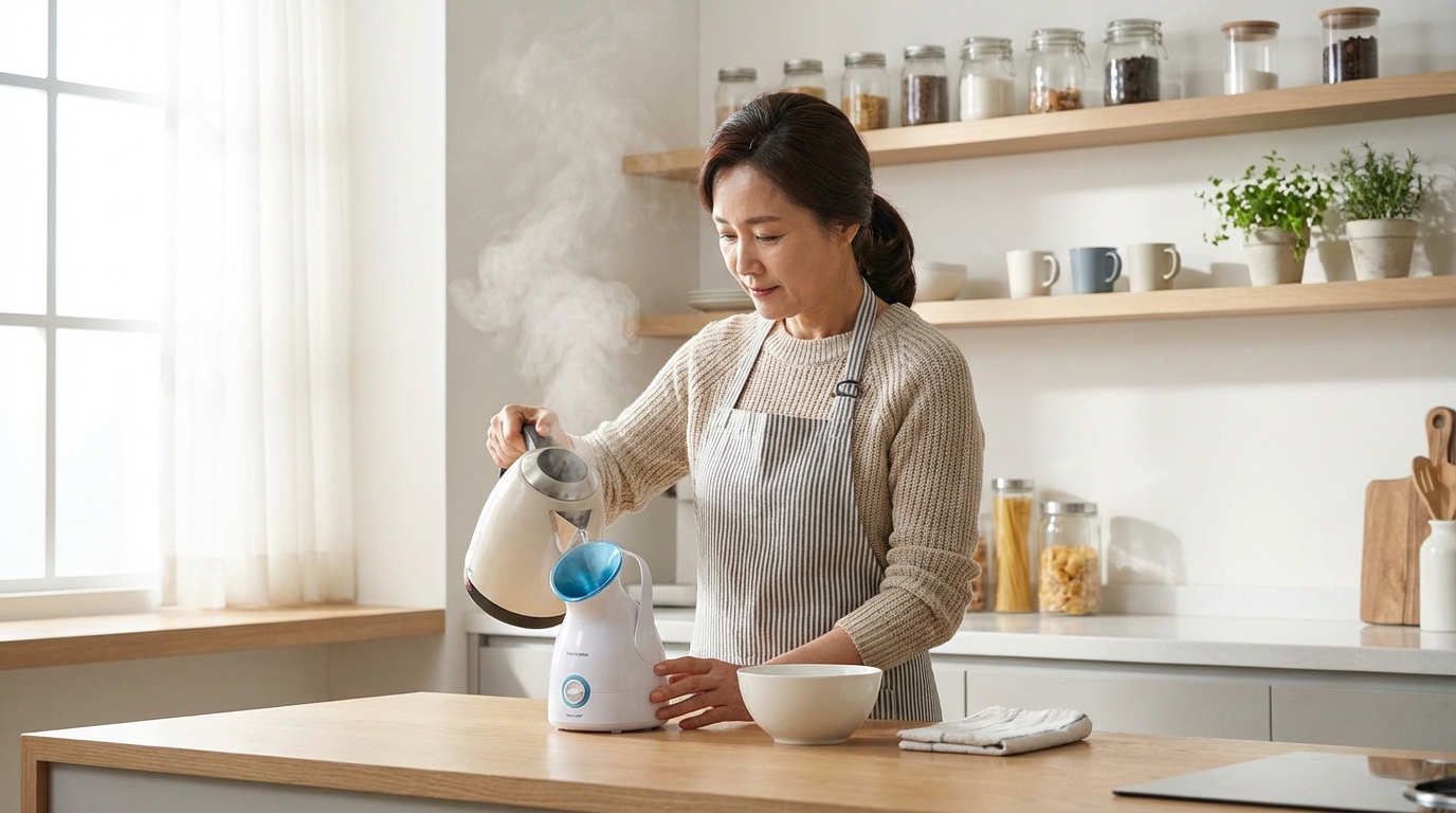 스팀 인헤일러를 준비하는 한국인 엄마