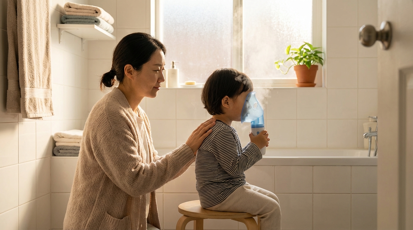 아침 루틴으로 스팀 요법을 하는 엄마와 아이