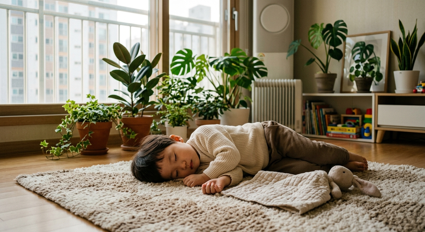 편안하게 쉬고 있는 한국인 아이