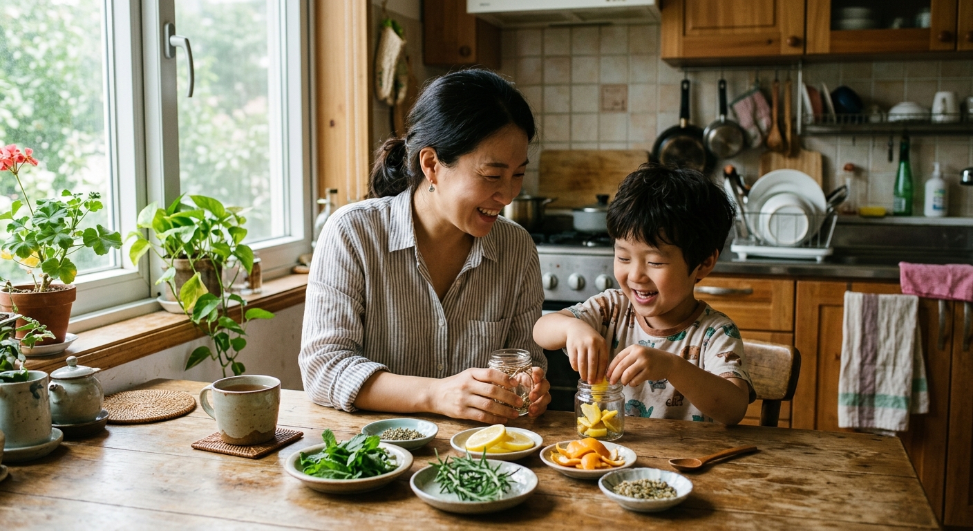 부엌에서 향기 활동을 하는 한국인 모자