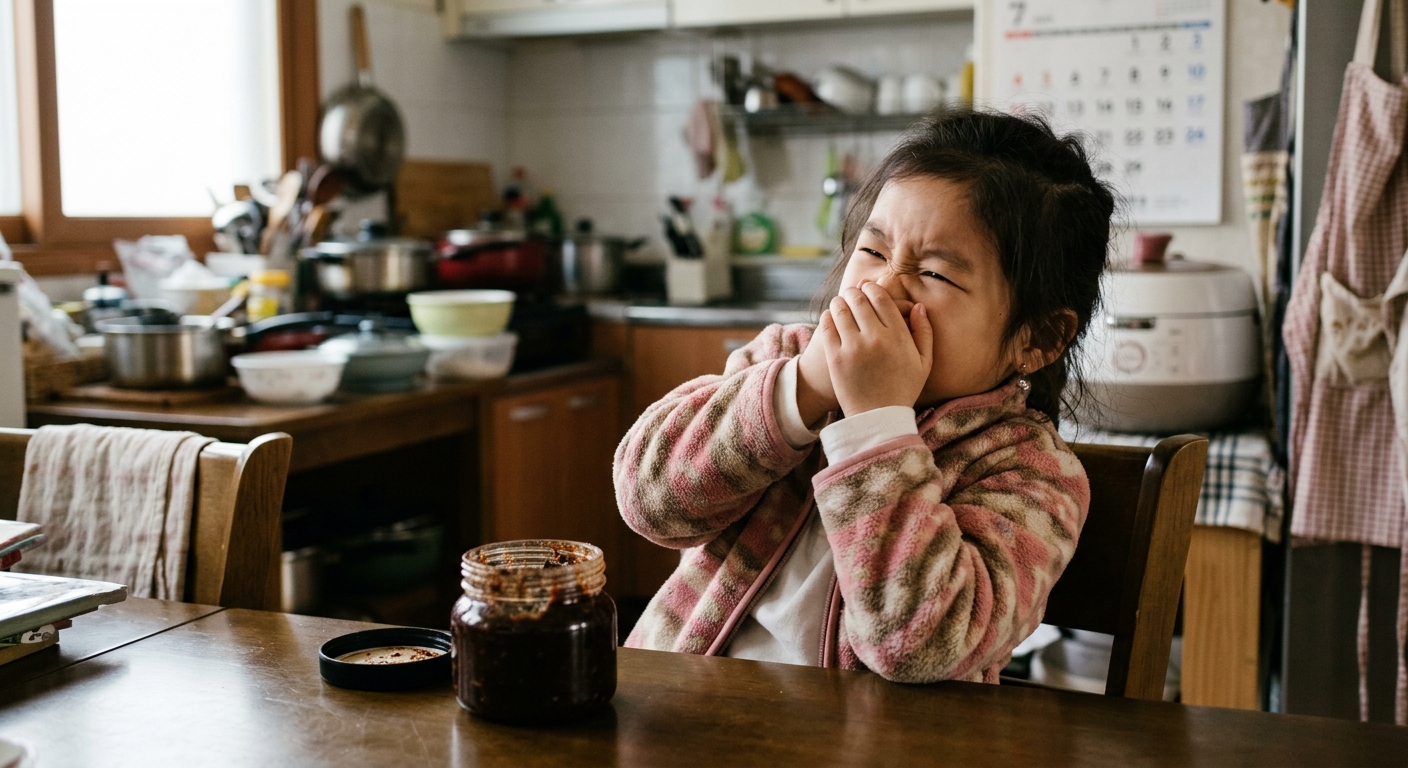 향을 맡고 얼굴을 찡그리는 한국인 아이