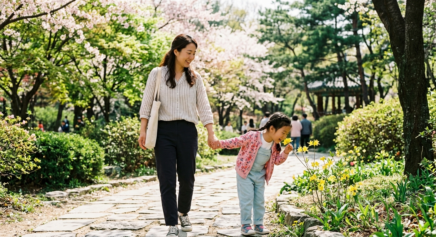 공원에서 꽃 향기를 맡는 한국인 아이