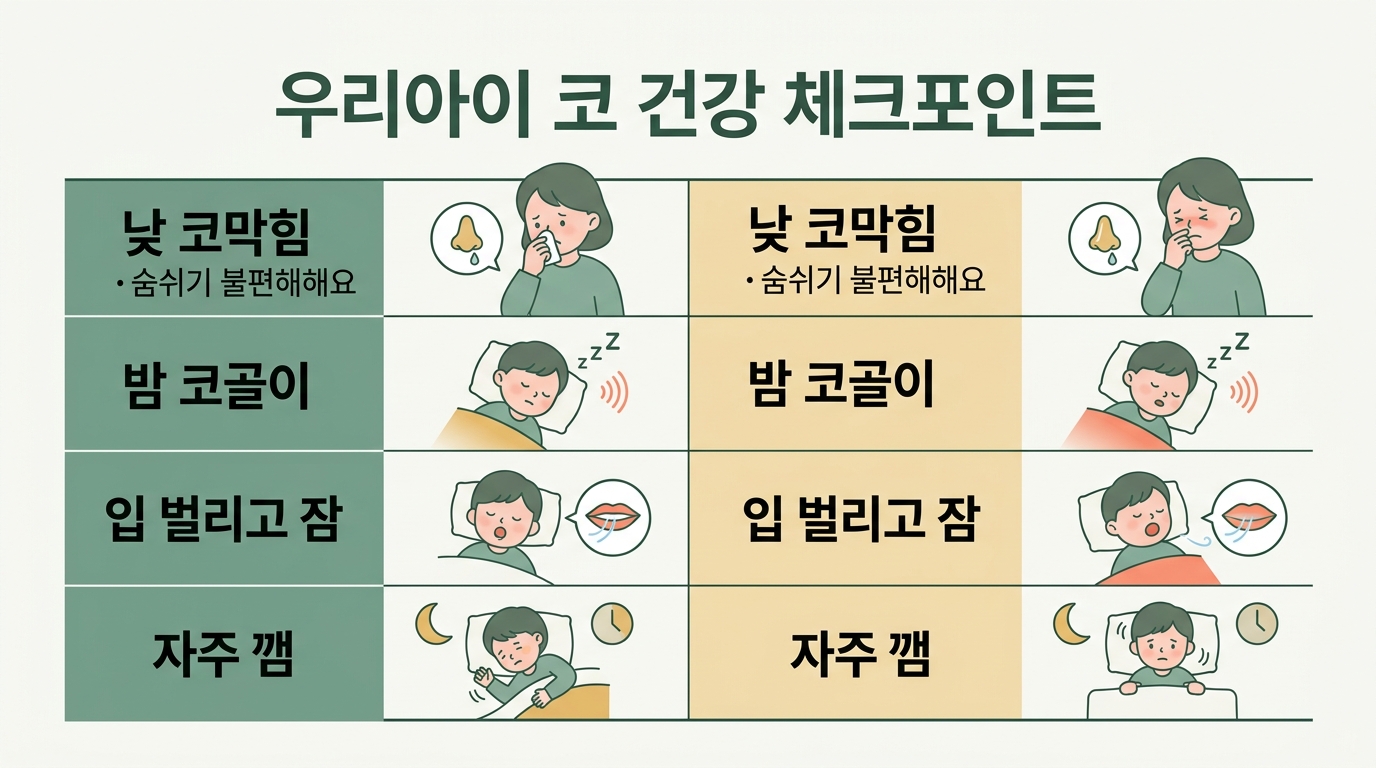 아이 코골이 입벌림 다섯 상황별로 집에서 살필 것과 전문가 상담 시점을 구분해 정리한 체크포인트 인포그래픽