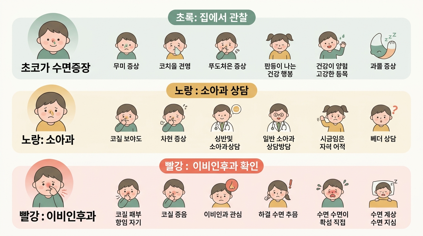 코골이 무호흡 등 전문가 상담이 필요한 위험 신호와 집에서의 보조를 신호등 색으로 구분한 교육용 다이어그램