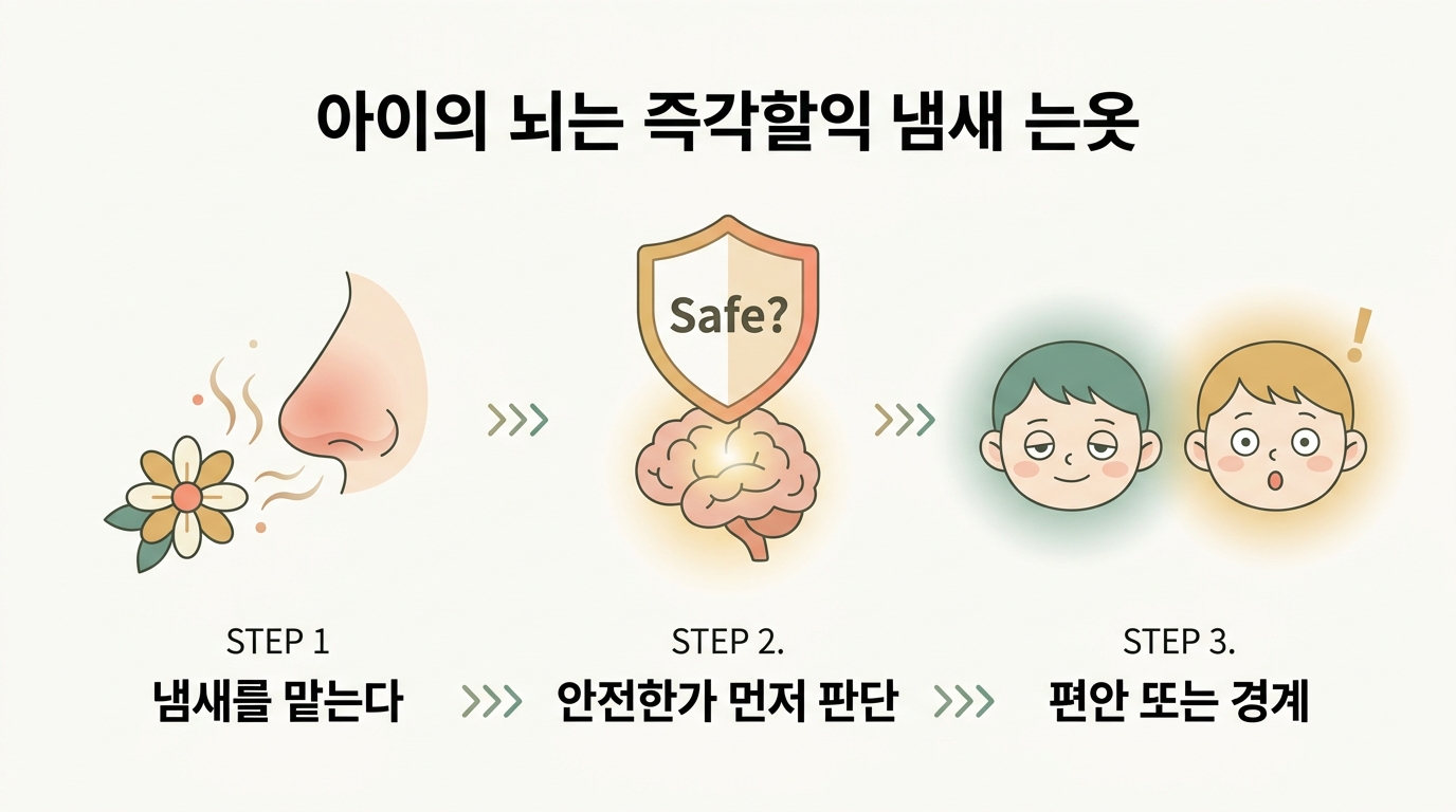 향을 맡는 순간 아이 뇌가 좋고 나쁨보다 안전 여부를 먼저 판단하는 과정을 3단계로 그린 교육용 다이어그램