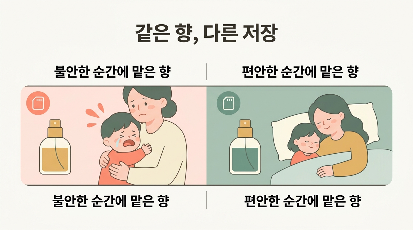 같은 향이라도 불안한 순간과 편안한 순간에 따라 다르게 저장되는 과정을 좌우로 비교한 일러스트