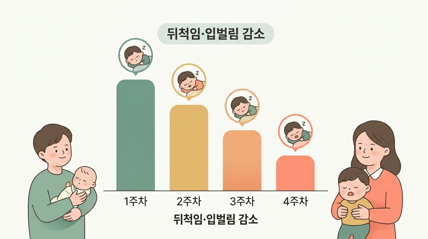 후각 앵커링 4주 동안 뒤척임과 입벌림이 서서히 줄어드는 변화를 주차별 막대로 시각화한 인포그래픽