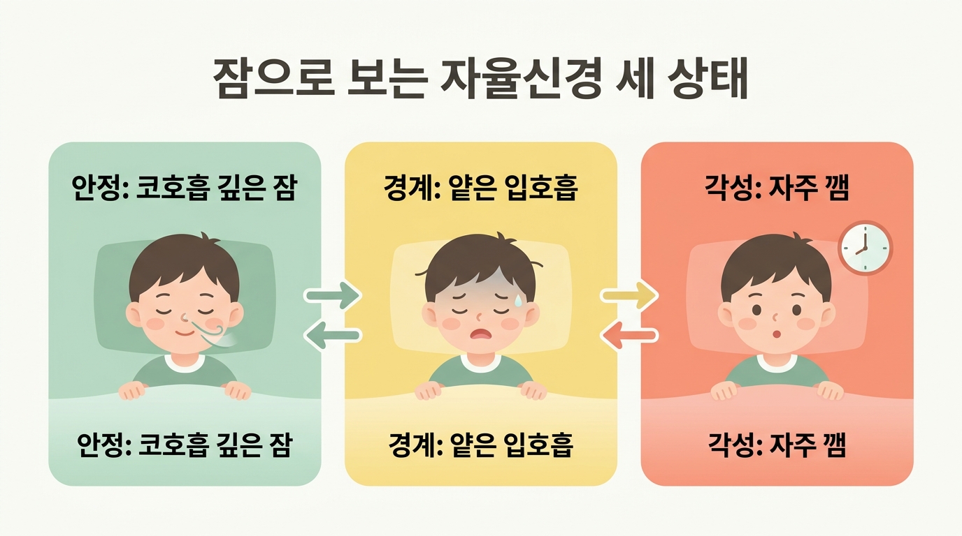 코호흡 안정·얕은 입호흡 경계·자주 깸 각성으로 나뉜 자율신경 세 상태 비교 인포그래픽