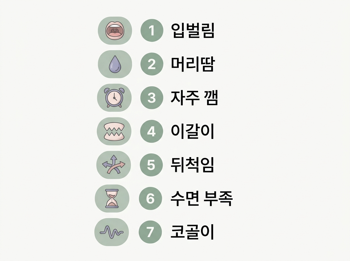 입벌림 머리땀 자주깸 이갈이 뒤척임 등 잠으로 읽는 수면 신호 7가지 체크리스트 인포그래픽