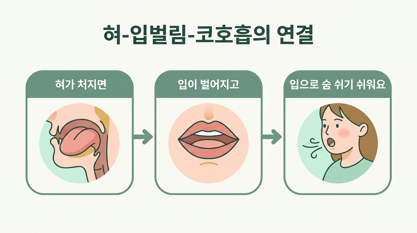 혀의 편안한 기본 위치와 입 바닥으로 처진 혀 저위 자세의 차이를 단면으로 그린 교육용 다이어그램