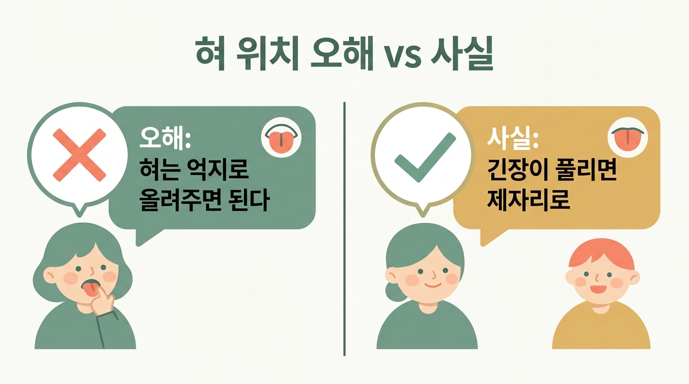 혀 저위를 둘러싼 흔한 오해와 사실을 좌우로 나눠 비교한 통념 깨기 일러스트