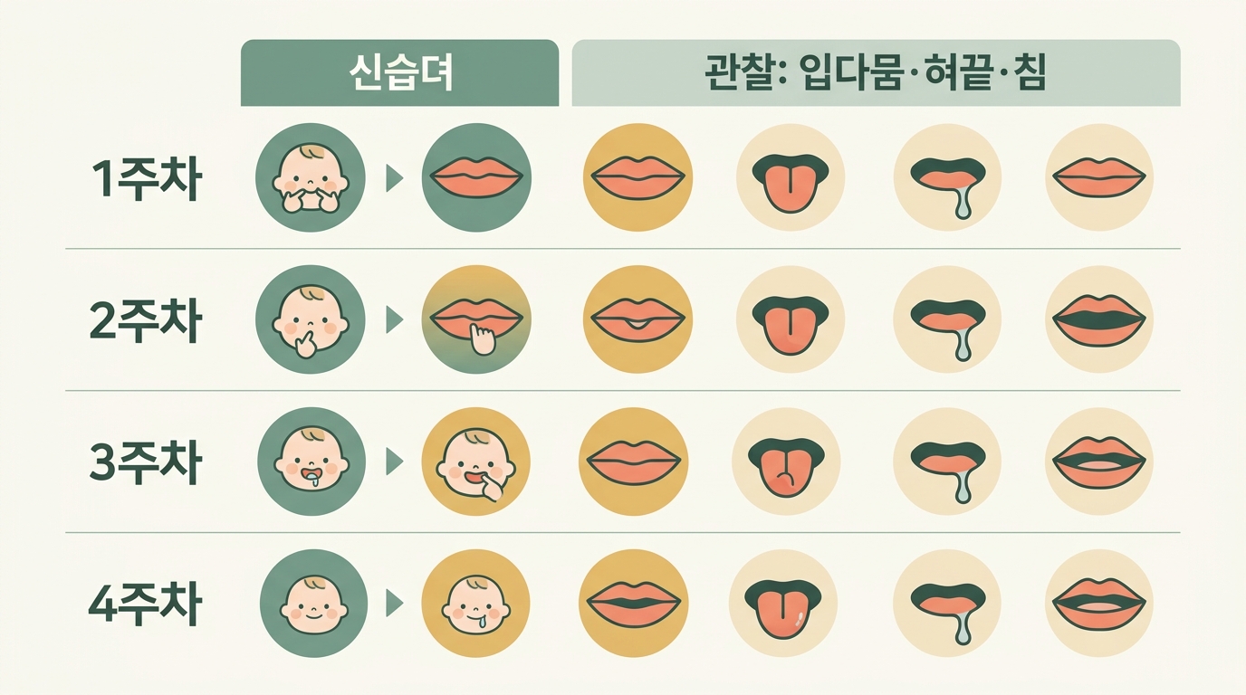 놀 때와 삼킬 때, 잘 때, 기상 시 혀 위치와 입벌림을 살피는 체크포인트를 상황별로 정리한 인포그래픽