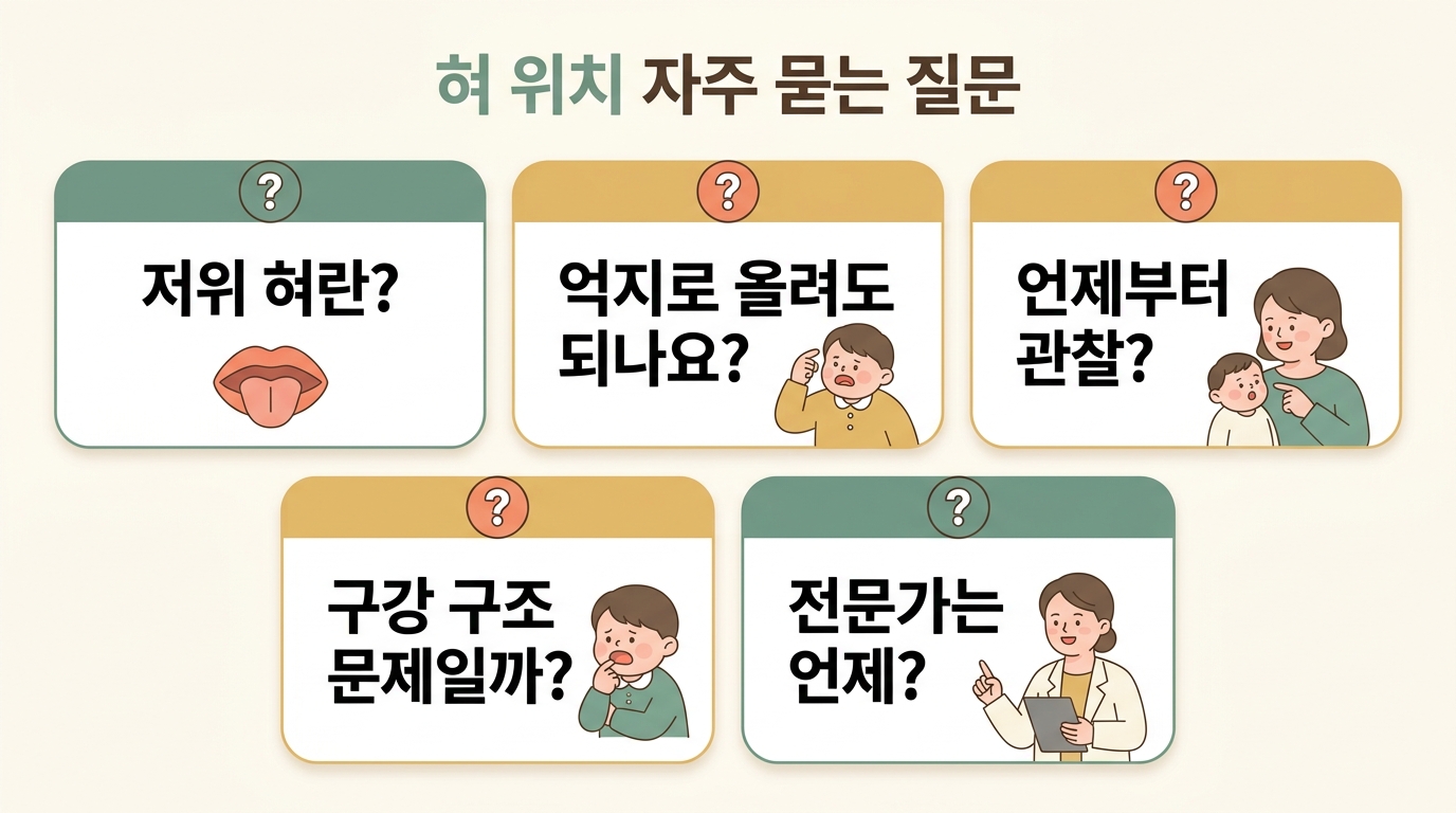혀 위치와 입벌림을 두고 부모가 자주 묻는 질문 5가지의 핵심 답변을 카드로 정리한 인포그래픽