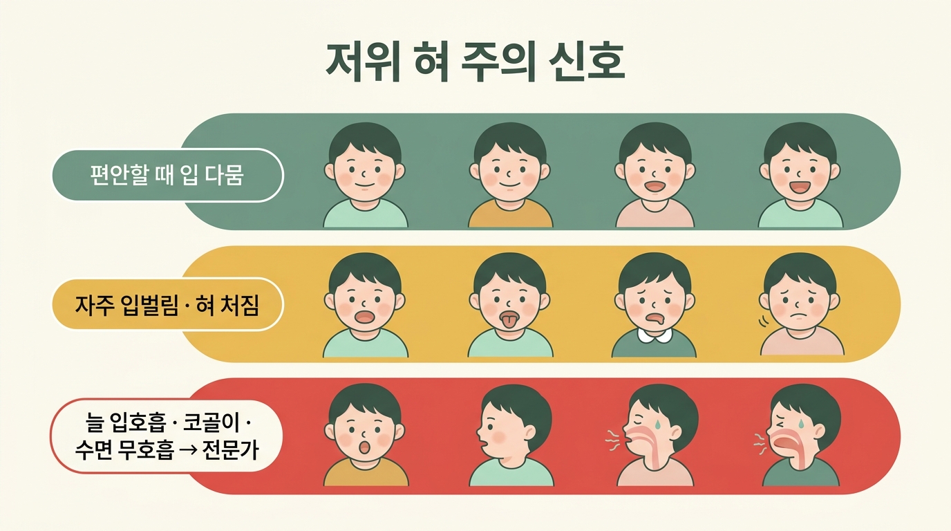집에서 관찰할 신호와 전문가 상담이 필요한 위험 신호를 신호등 색으로 구분한 교육용 다이어그램