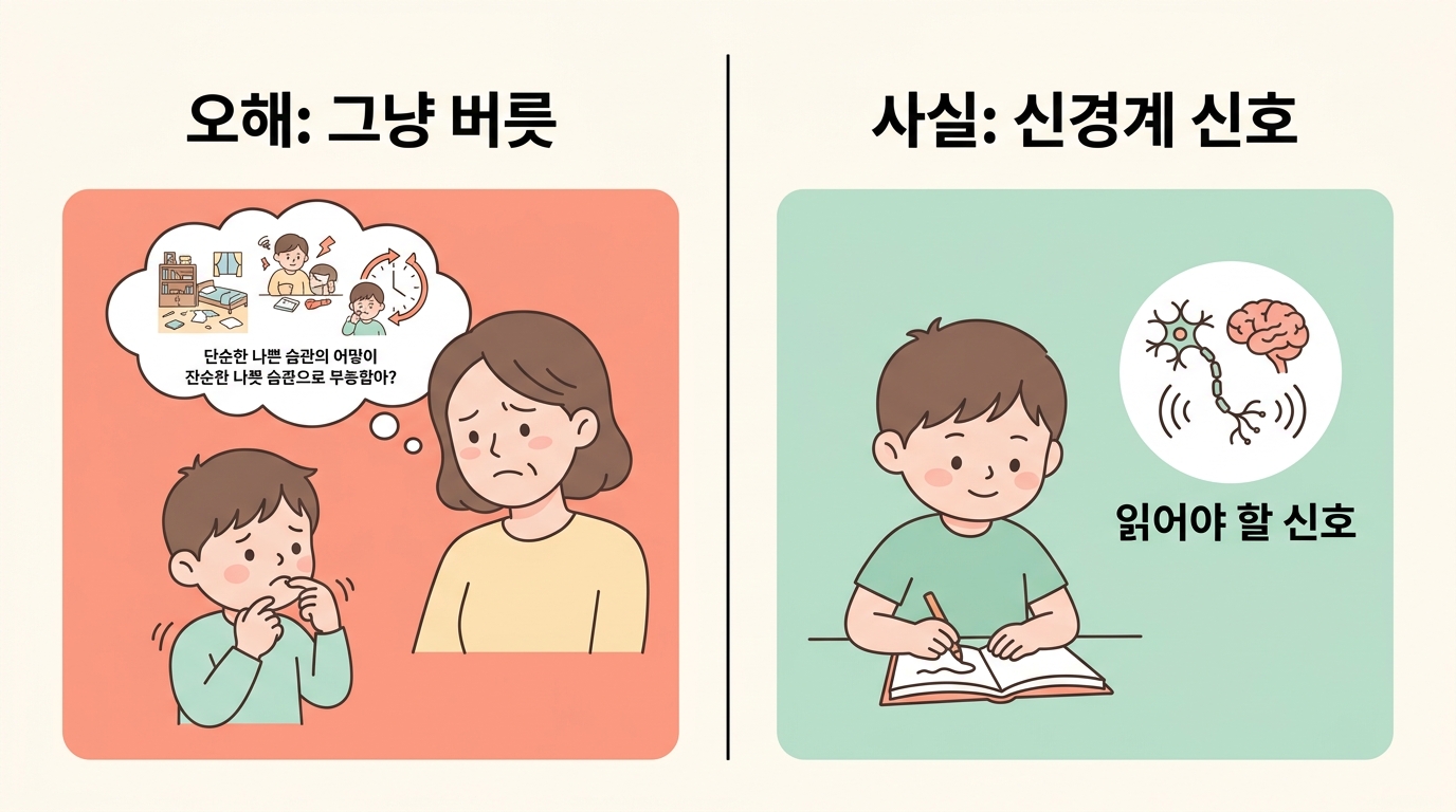 입호흡은 버릇이라는 오해와 신경계 신호라는 사실을 좌우로 대비한 비교 일러스트